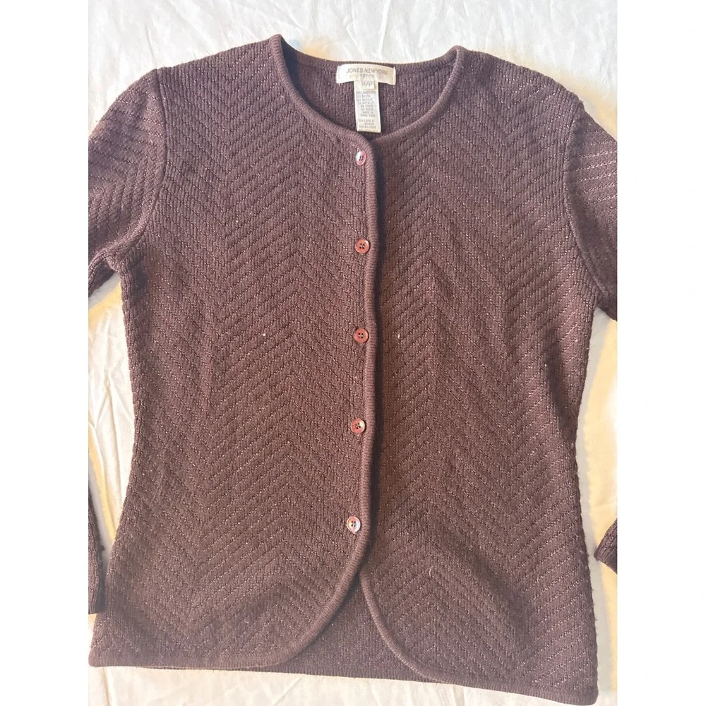 Jones New York Cardigan Petite PP Brown Excellent Metallic Chevron‎ Knit Sweater